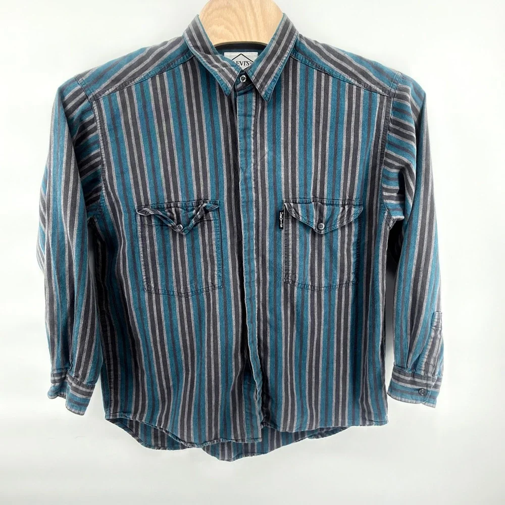 Vintage Levis Diamond Label Striped Long Sleeve Shirt Mens L 1988 Black Tab Blue